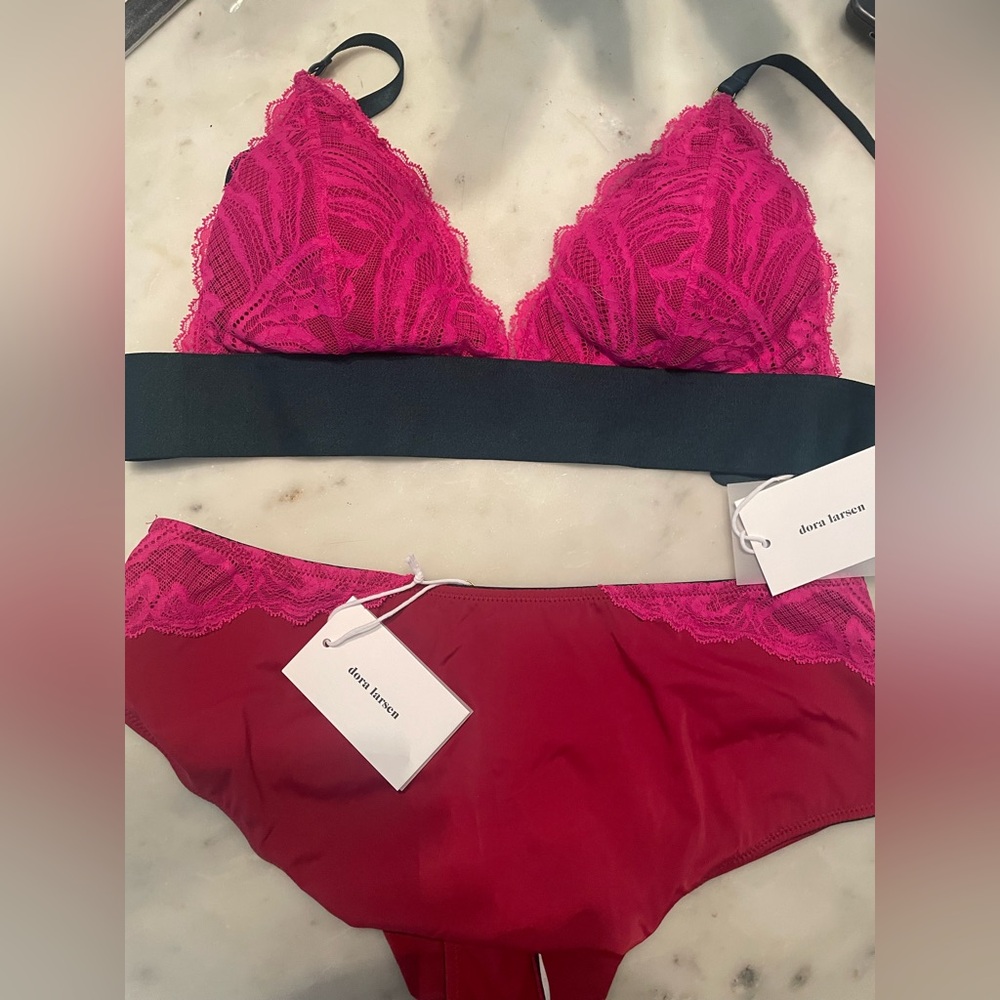 NWT Dora Larsen Hot Pink Lace Bralette with Red Bikini Brief